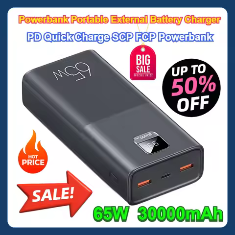 For Phone Laptop Tablet Mac 65W Power Bank 30000mAh PD Quick Charge SCP FCP Powerbank Portable Exter