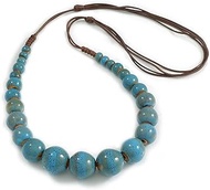 Dusty Blue Graduated Ceramic Bead Brown Silk Cords Necklace/58cm to 70cm L/Slight Variation In Colou