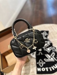 Coach Diamond Quilted Mini Boston Handbag Black Cow Leather With Crossbody Strap
