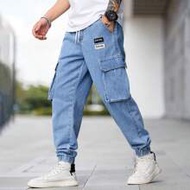 Plus Size Aqua Blue Cargo Jeans,Summer Casual Streetwear Evening Men's Solid Patch Pocket Drawstring