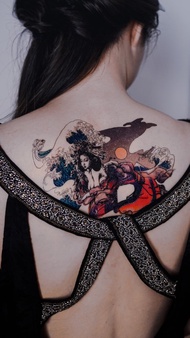 彩色日系海浪浮世繪藝妓日式人像刺青紋身貼紙日本和服女性感高貴