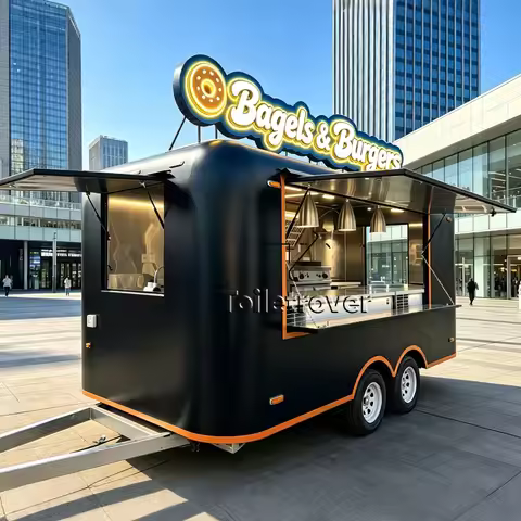 Black Mobile Food Truck Trailer Outdoor Street Vending Burgers & Bagels Food Truck with Full Kitchen