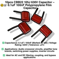 10pcs CBB22 105J 630V Capacitor – 0.1uF 100nF Polypropylene Film Capacitor for Audio, Power Supply