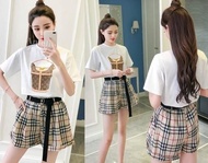 Setelan Baju Wanita Blouse Celana Pendek Kotak Korea Import Ab434143