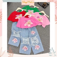 Girls Set CS748, BB3 off-the-shoulder cotton shirt and ripped jeans for girls