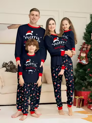 Merry Christmas Print Mom Pajamas Set Adults Kids Full Sleeve Top+Long Pants 2 Pcs Suit Baby&Dog Rom