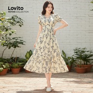 (trendy6)(Lovito Refine) Elegant Floral Ruffle Hem Spring/Summer Off White Dress for Women LR11E1D03