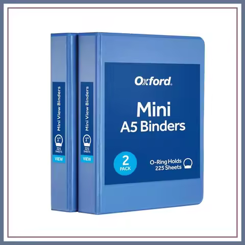 Oxford Mini View Binders, 1" Round Rings, A5 Size, 225 Sheets, Blue, 2 Pack