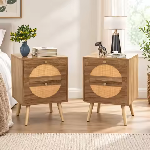Set of 2 Bohemian 2-Drawer Bedside Table, 54.61 x 40.64 x 55.88 cm Natural Pine Wood Legs Nightstand
