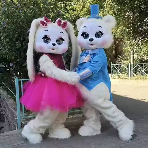 Couple Pink Teddy Bear Mascot Costume White Rabbit Hare Cartoon Outfit for Halloween Carnival Cospla
