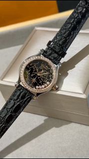 CHOPARD 蕭邦 HAPPY DIAMONDS 金色鏤空水晶黑色皮帶女裝腕錶