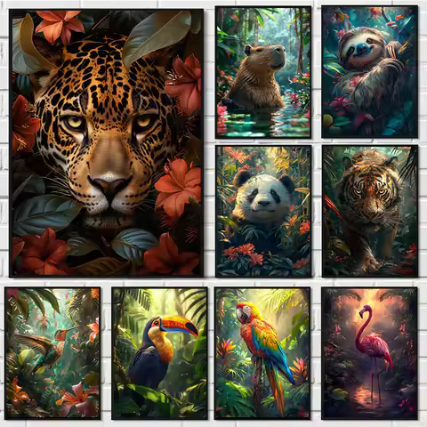 Tropical Animals Fantasy Poster Tiger Leopard Parrot in Jungle Canvas Painting Wall Prints Picture f