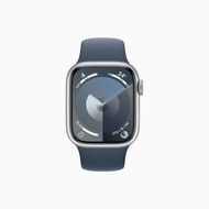 Apple Watch Series 9 45mm 銀色鋁金屬錶殼搭配風暴藍色運動型錶帶-GPS版 M/L