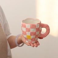 Handmade Irregular Ceramic Cups Hand Painting Checkerboard Mugs For Coffee Tea Milk Water Personalized Couple Mug Microwave Safe