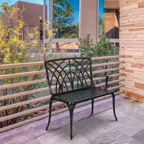 Outdoor Metal Patio Bench with Orchid Back and Armrests, Weatherproof for Garden, Park, Lawn, or Dec