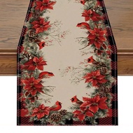Festive Gingerbread & Red Vase Christmas Table Runner - 100% Line, Rectangular Holiday Kitchen Decor