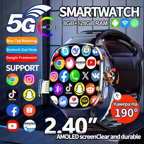 5G/4G Android 9.0 Smart Watch 2.4 inch AMOLED 2100mah Battery 900W Camera 8GB+128GB RAM GPS WIFI Goo