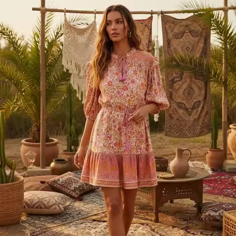 Happie Queens Women Bohemian Floral Print Mini Dress Tassel Tie 3/4 Puff Sleeve Ruffle Hem A-Line Su