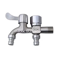 Vòi nước đôi làm bằng inox 304 gắn tường 01 đầu vào 2 đầu ra đầu vào DN15 lắp cho ống D21mm - Sen tắ