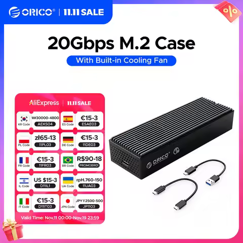 ORICO 20Gbps M.2 NVME SSD Case with Built-in Cooling Fan Type-C M2 NVME SSD Enclosure For M.2 NVME 2