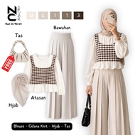 One Set Latest Korean StyleWanita [ Lavie Pants, Blouse, Hijab, Free Bag] - NC113