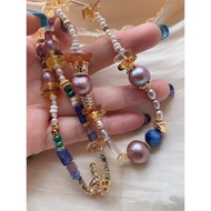 #PN73 [Sale]Medium Long Freshwater Pearl Necklace |Edison Pearl |Natural Stone|Amber|Lapis Lazuli