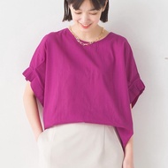 日本 OMNES - 100%印度棉 甜美摺邊短袖上衣-莓果紫