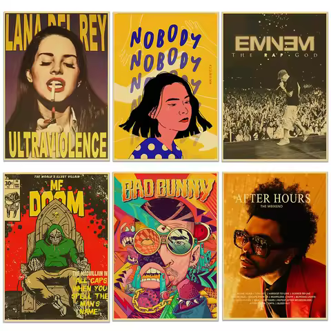 Singer Retro Poster Lana Del Rey Mitski Eminem The weeknd Bad bunny MF Doom Rapper Music Decor Art P