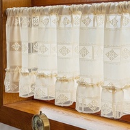 Bohemian Vintage Crochet Lace Short Curtains for Cafe Cabinet Kitchen Ruffled Valance Hollow Out Geometric Design Half Tier Curtain for Small Window Rod Pocket