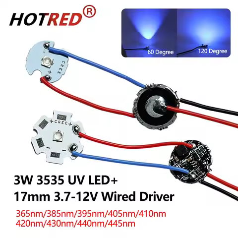 DC3.7V/5V/12V 3W 3535 UV Purple LED Chip+17mm Flashligt Driver 1 Mode Soldered 365nm 385nm 395nm 400