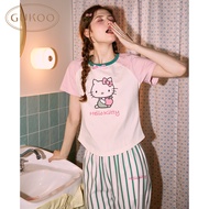 ชุดนอนผู้หญิง Gukoo แขนสั้น คอกลม ทรงเข้ารูป กระดุม 2 ชิ้น ผ้าฝ้าย ชุดนอนสบายๆ สำหรับฤดูร้อน 2025