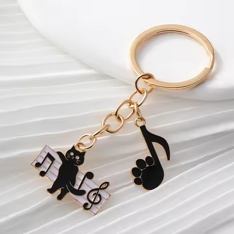 Cute Enamel Keychains Black Cat Music Note Piano Pet Key Rings For Women Men Musician Friend Gift Ha