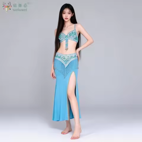 Belly Dance Set Handmade Beaded Bras Long Skirt Performance Clothes Suit Women Indian Oriental Dance