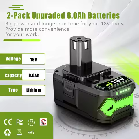 8.0Ah For RYOBI P108 18V One+ Plus Battery 18 Volt Lithium-Ion Power Tools P104 P107 RB18L50 RB18L20