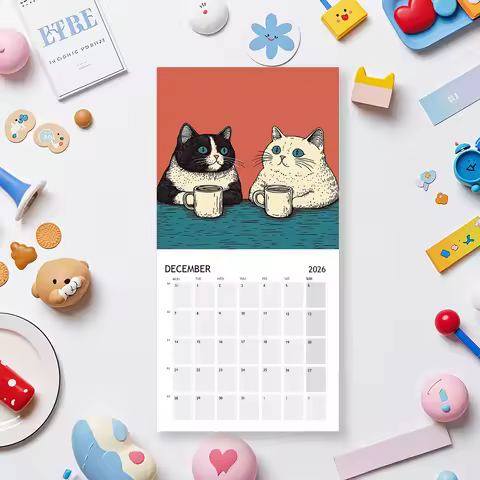 1Pc 2026 12-Month Creative Family Planner Funny Cat Art Calendar Hangable Wall Handmade Calendar App