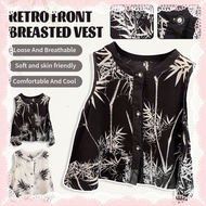 Retro Girl Front Button Vest Top Black And White Bamboo Design Sleeveless Top Style Top