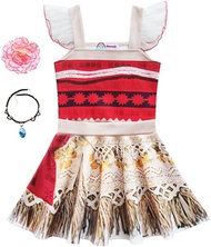 Little Girls Princess Dress for Moana Costume Outfit For Halloween With Necklace and Hair Clip