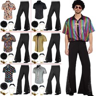 Mens 6Pcs 70s Disco Costume Outfits Short Sleeve Retro Shirt With Bell Bottom Pants