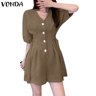 VONDA Women Korean Casual Puff  Sleeve V-Neck High Waist Solid Jumpsuit