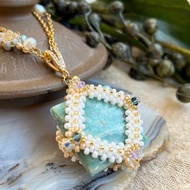 天河石 玻璃米珠x天然石 串珠吊墜 配 寶石鏈