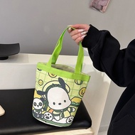 LANGJ กระเป๋าถังการ์ตูนรูปสัตว์ Kuromi Melody กระเป๋า Tas Jinjing Kanvas ความสามารถในการพับเก็บได้มากกลางวันกระเป๋าถือทรงกระบอก