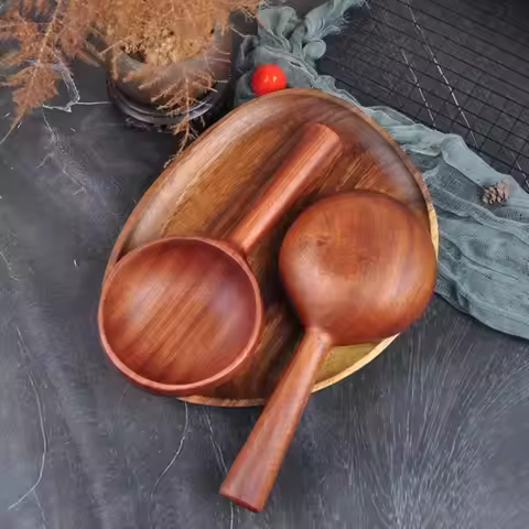 Household Large Size Wooden Soup Ladle Long Handle Japanese Style Water Scoop Vintage Serving Soup S