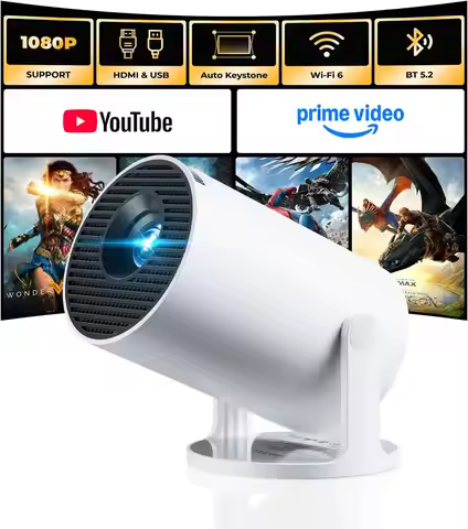 Smart Mini Projector with WiFi 6, Bluetooth 5.2, Auto Keystone, Full HD 1080P, Built-in Apps & Starr