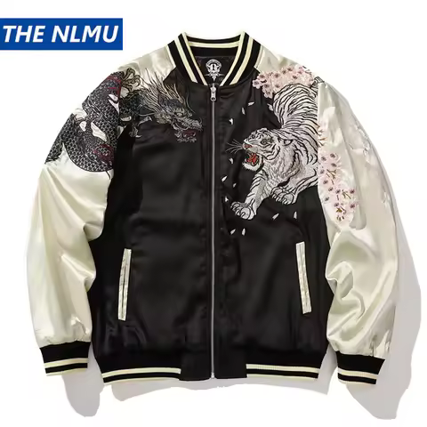 Vintage Streetwear Japanese Sukajan Souvenir Jacket 2024 Autumn Tiger Chinese Dragon and Phoenix Emb