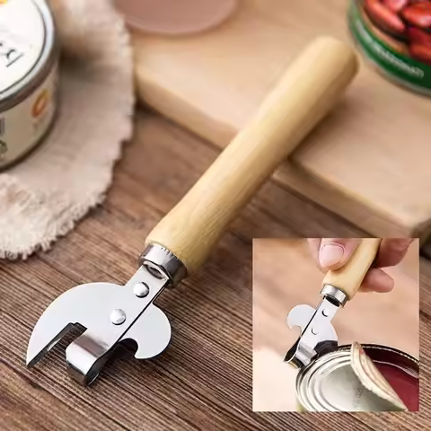 Can Opener, Multifunctional Bottle Opener, Stainless Steel Wooden Handle Can Opener, Suitable for Ca