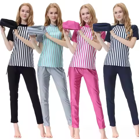 S-3XL Fashion Islamic Muslim Burkini Swimsuit for Women Ladies Short Style Stripes Quick Dry 3pcs/se