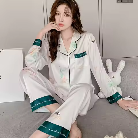 Satin Silk Pajamas for Women's Set pyjamas Button Pigiama Donna pjs Winter Mujer Pijama Sleepwear Ni