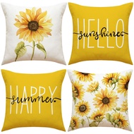 Linen Pillow Case 40x40/45x45/50x50cm Yellow Sunflowers "Hello Sunshine" Pattern Cushion Cover Home 