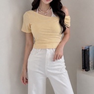 Lace-Up Cup Off-the-Shoulder Fake 2-Piece Short Top 6061