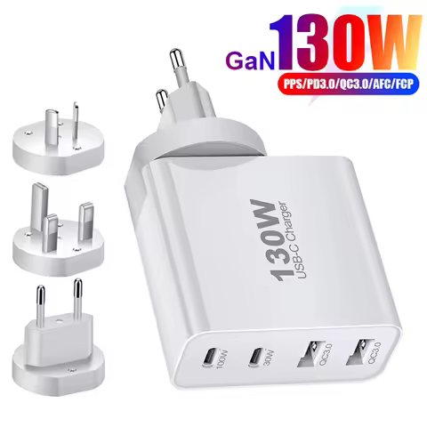 PD Fast Charging Adapter 130W GaN 4-Port USB C Wall Plug for Laptop MacBook iPhone Samsung Tablet Tr